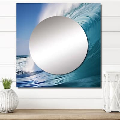 Designart "Turquoise Power Of Ocean Wave III" Modern Wall Mirror - Coastal Square Mirror For Bathroom