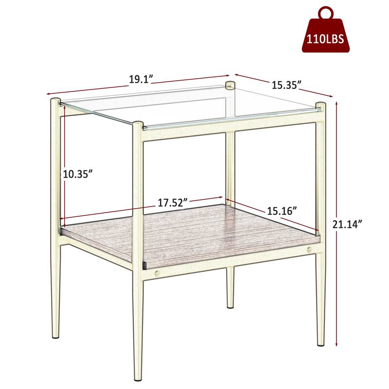Set of 2 Rectangle End Table, Tempered Glass Tabletop with MDF layer, Modern Table for Living Room, Transparent Glass