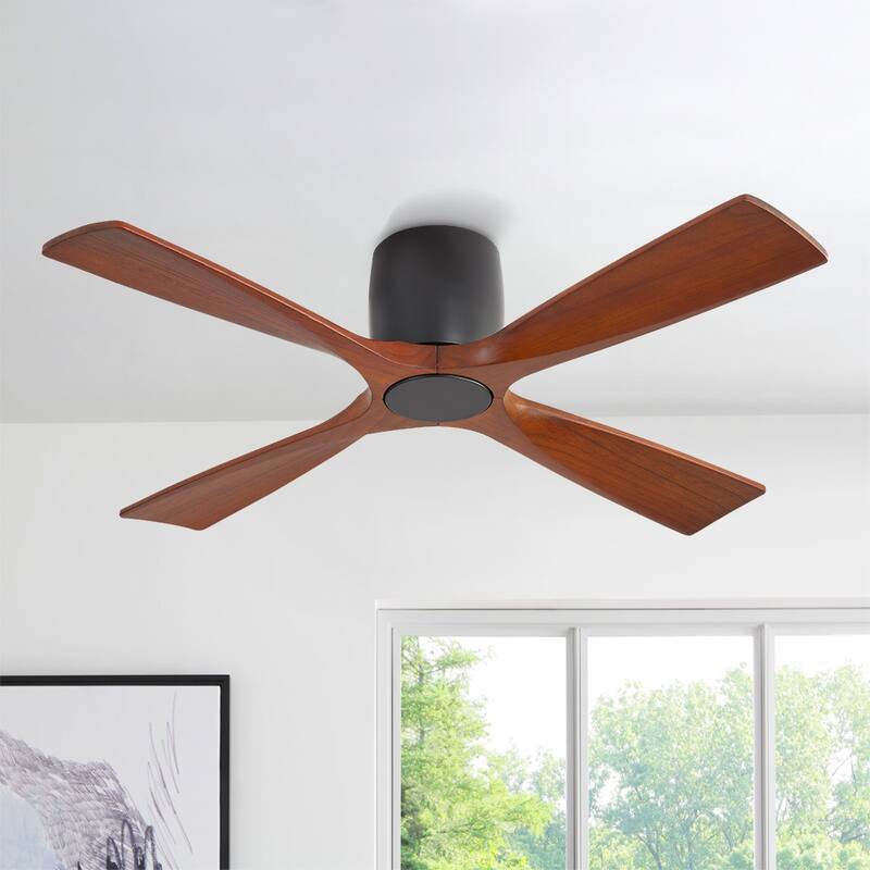 MLiAN 4 Soild Wood Blades Flush Mount Ceiling Fan Remote Control 6-Speed DC - Walnut
