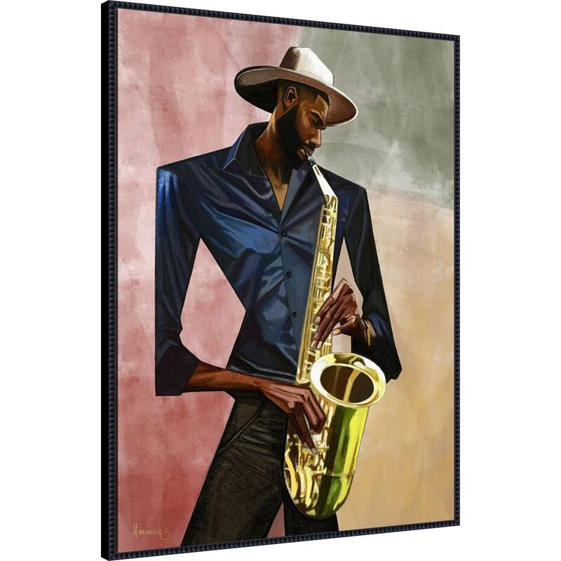 Sax Player by Manasseh Johnson sr Framed Canvas Wall Art Print - Sylvie Beaded Black