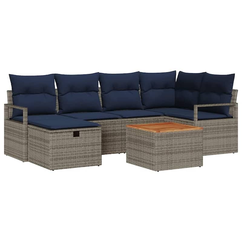 vidaXL 7 Garden Sofa Set with Cushions Black/Grey Poly Rattan - 91.3 x 48 x 27.2