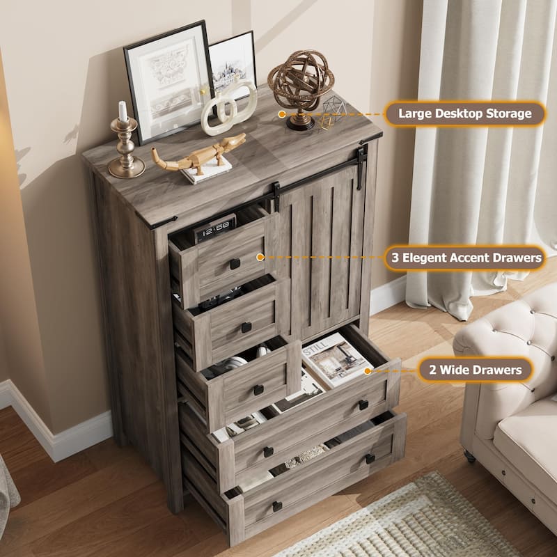 Farmhouse 5 Drawer Dresser for Bedroom, Wood Chest with Sliding Barn Door, Adjustable Shelf