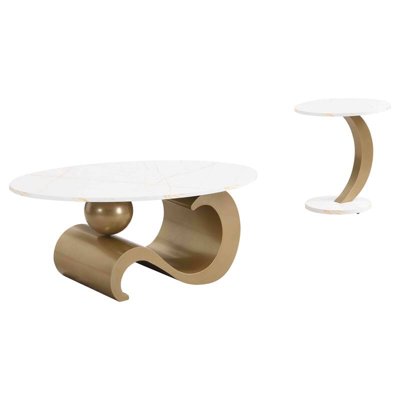 Nesting Coffee Table Set of 2, Round & Oval End Tables with faux marble Tabletop, Side Table