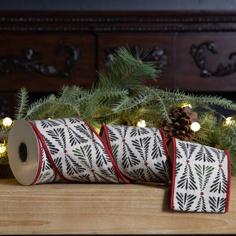Christmas Tree Wired Craft Ribbon - 4" x 5 Yards - Beige and Black
