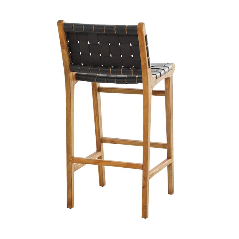 Camel Brown or Black Teak Wood Woven Leather Seat and Back Bar Stool with Beam Footrest