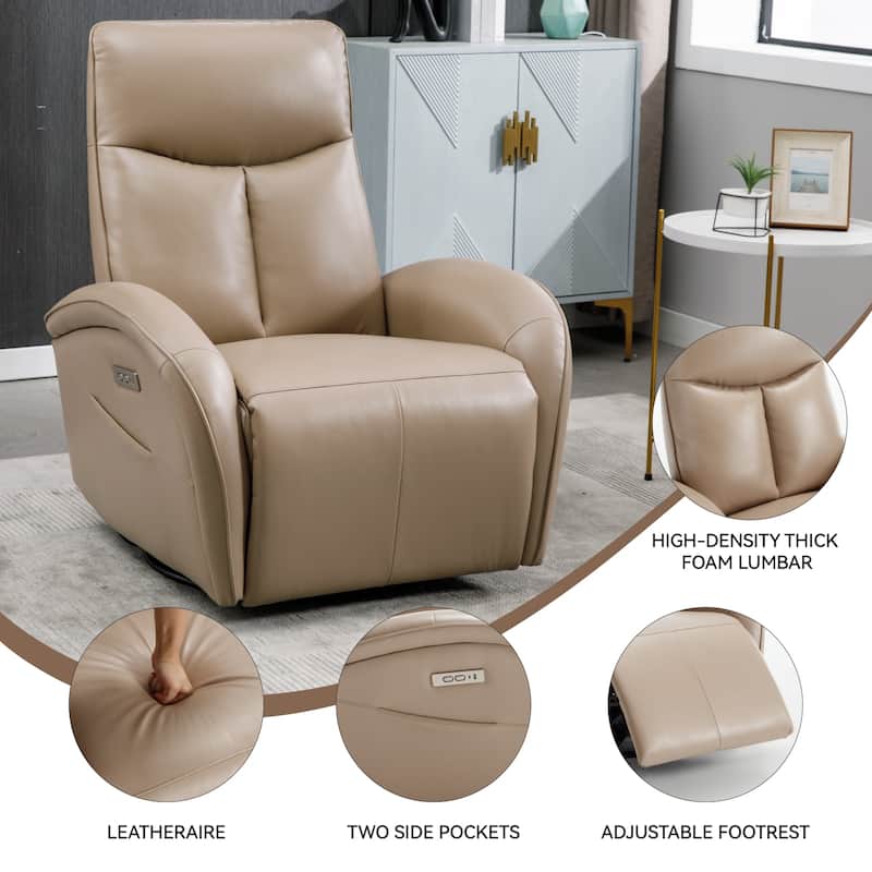 Genuine Leather Power Recliner Chair, 270° Swivel Rocker, USB, Type-C