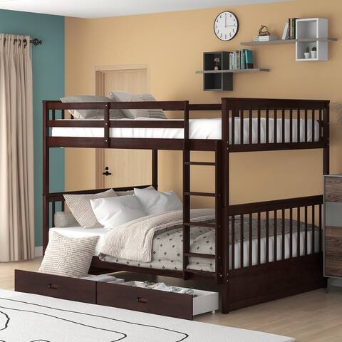 Modern style Full-over-full Bunk Bed with Ladders and Two Storage Drawers, Durable Frame and Solid Pine Wood Legs for Bedroom