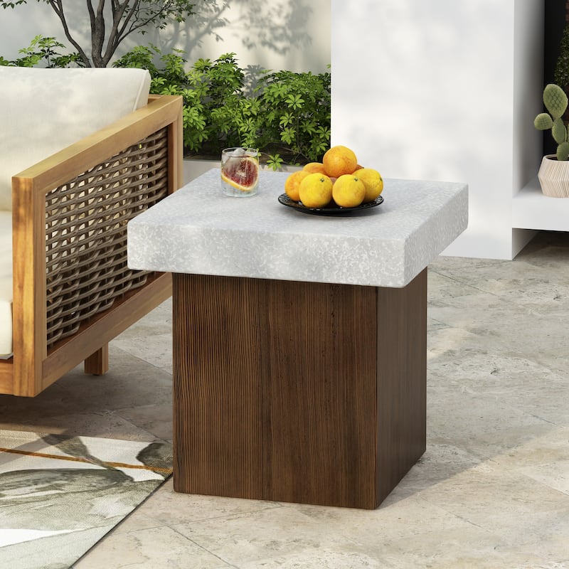 MGO Square Side table [Antique white top + Antique white+Natural wood frame] - Antique White,Natural