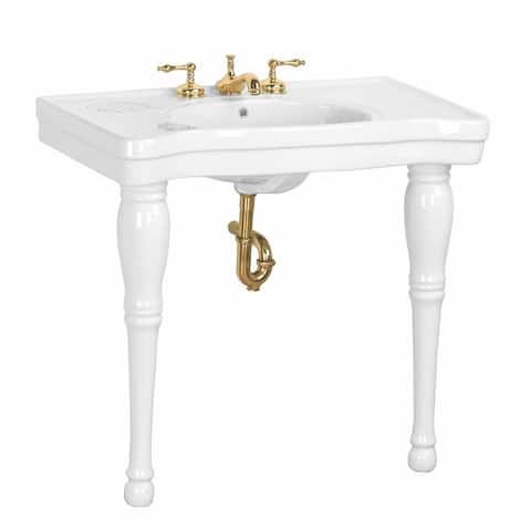 Belle Console Bathroom Sink White 36 " W 2 Spindle Legs Pedestal Porcelain Wall Mount With Faucet Holes Renovators Supply