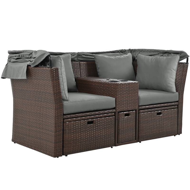 2-Seater Outdoor Patio Daybed Outdoor Double Daybed Outdoor Loveseat Sofa Set with Foldable Awning and Cushions for Garden