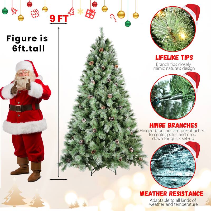 Pre-Lit Artificial Christmas Tree - Warm White LED Lights, PVC & Hard Needle Tips, Pine Cones, Metal Stand - Green