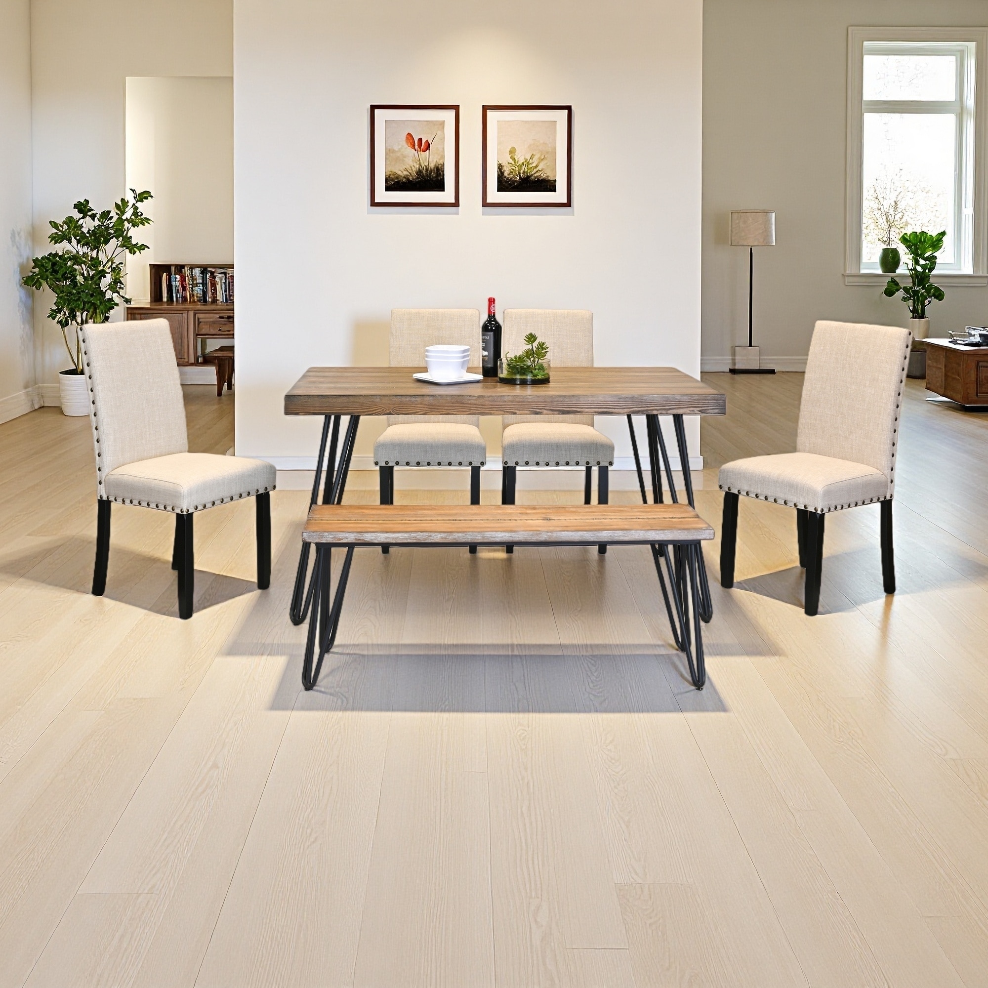 6-Piece Dining Set with 4 Chairs and a Wood Bench