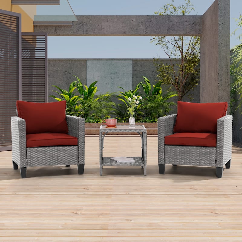 LIVOOSUN 3-Piece Patio Sofa Set Gray Rattan Outdoor Chair with Side Table - Rust Red