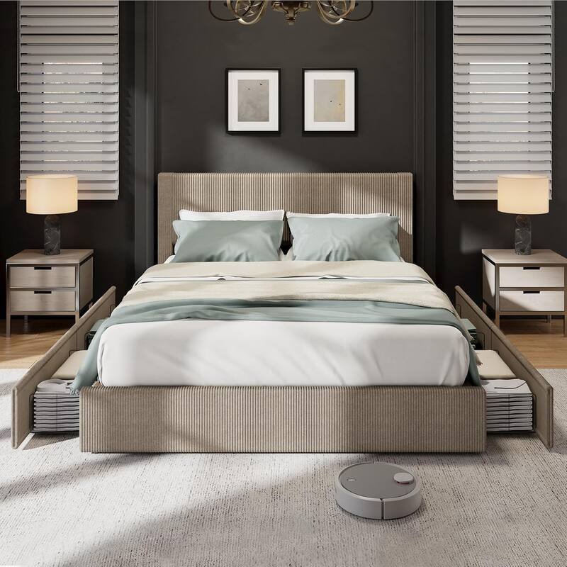 Upholstered Platform Bed with 4 Storage Drawers, Channel Tufted Wingback Headboard & Solid Wood Slat Support