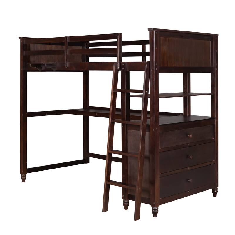 Loft Bed with Desk, Storage Drawers Solid Wood Bed Frame