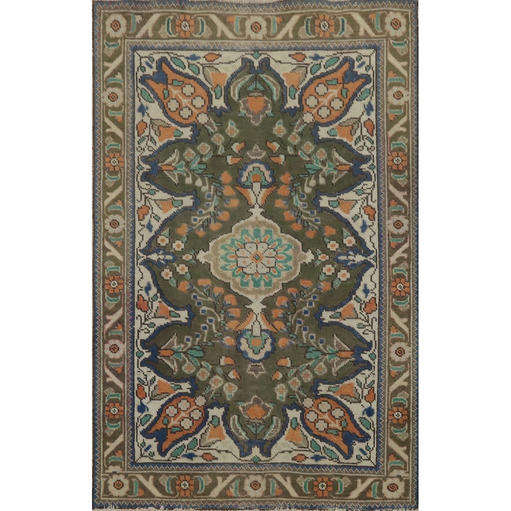 Hand Knotted Oriental 100% Wool Carpet Traditional Floral Green Tabriz Area Rug - 4' 10'' X 3' 3''