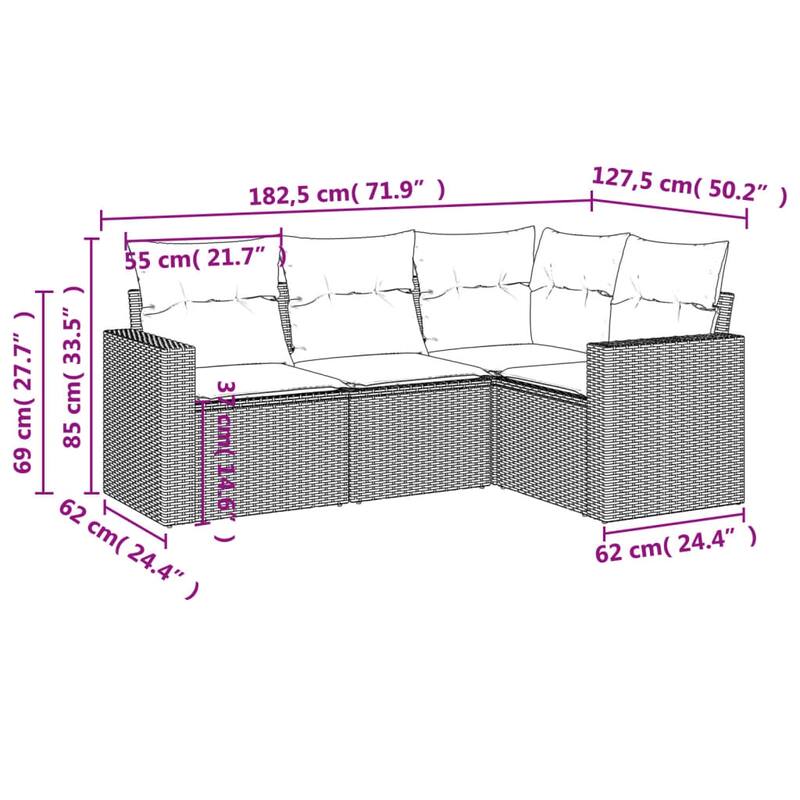 vidaXL Garden Sofa Set Beige PE Rattan, Powder-Coated Steel Medium - 71.9 x 50.2 x 27.2
