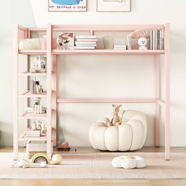 slide 2 of 43, Full Size Metal Loft Bed with 4-Tier Shelves and Storage Pink