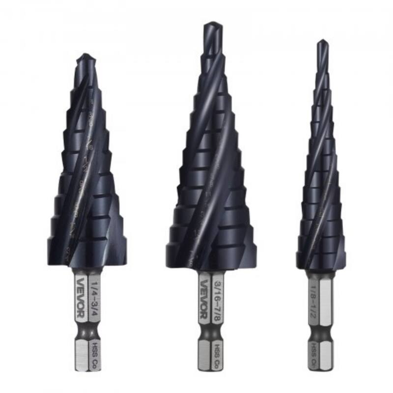 3-Piece Step Drill Bit Set with 4-Flute Spiral and Hex Shank TiAlN Coating Fast Chip Removal - 4.65” x 3.94” x 1.38”