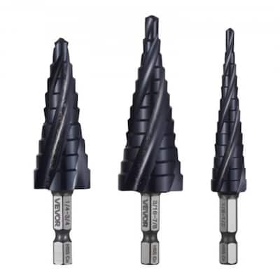 3-Piece Step Drill Bit Set with 4-Flute Spiral and Hex Shank TiAlN Coating Fast Chip Removal - 4.65” x 3.94” x 1.38”
