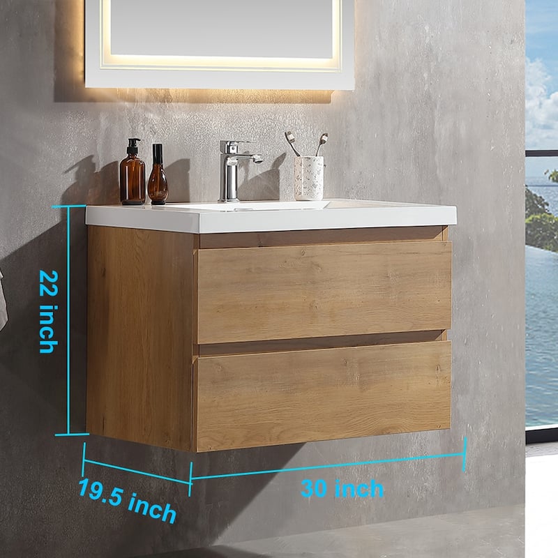 Floating Bathroom Vanity 24"-48" – Smoked Oak Finish, White Integrated Sink