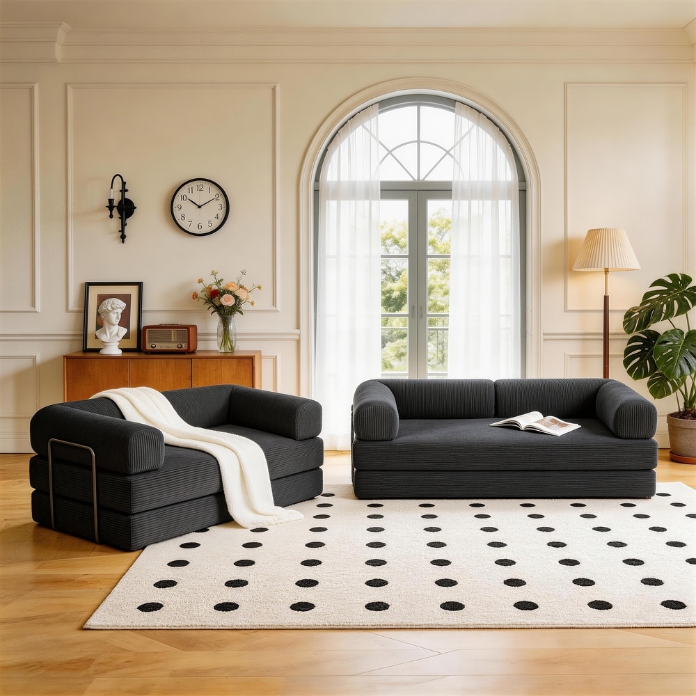 2 Set Oversized Corduroy Convertible Floor Sofa Bed Sleeper Couch