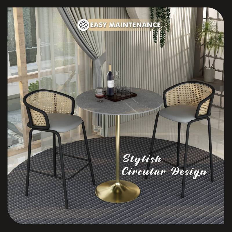 LeisureMod Verve 36" Bar Dining Table with Sintered Stone Round Top in Gold Steel, Gold Marbleized