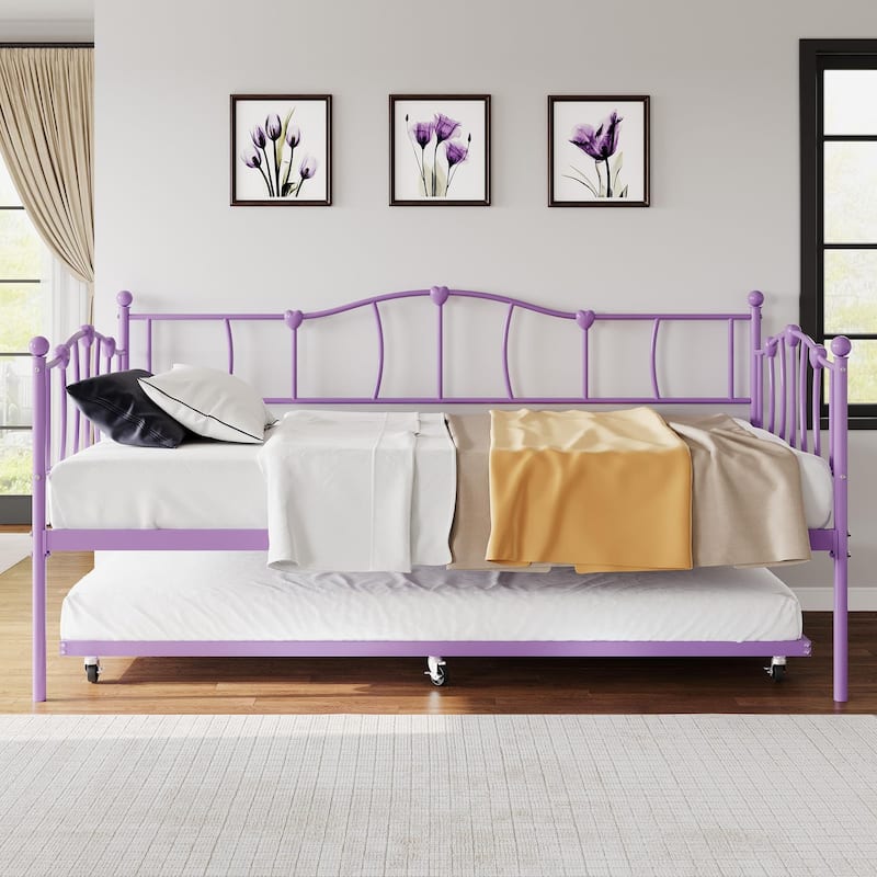 Daybed with Trundle Bed, Love-Heart Headboard - Purple