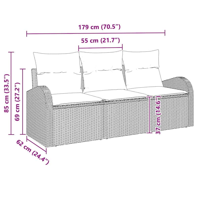 vidaXL 3 Garden Sofa Set with Cushions Black/Brown/Grey Poly Rattan - 70.5 x 24.4 x 27.2