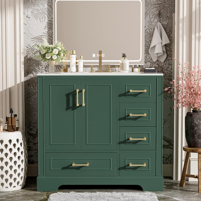 36" Traditional Bathroom Vanity with Ceramics Sink , Green Bathroom Cabinet with Two Soft Close Doors and Four Drawers
