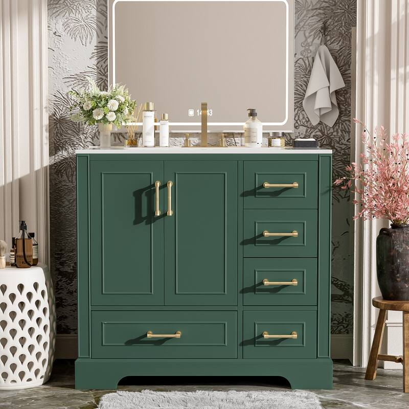 GDFStudio - Altair 36" Traditional Bathroom Vanity with Ceramic Sink, 2 Soft-Close Doors & 4 Drawers