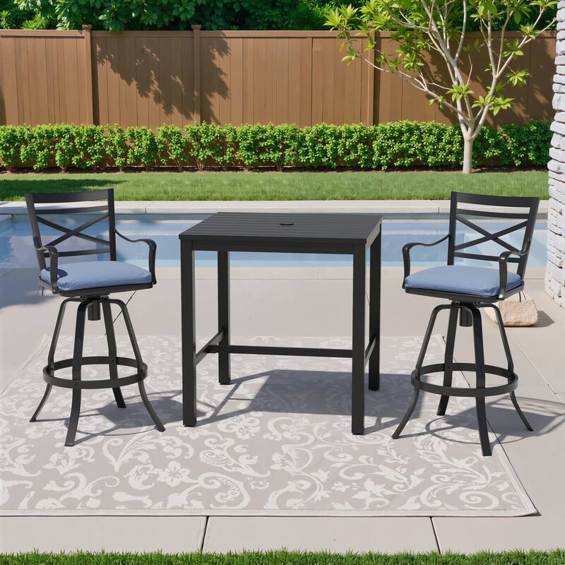 3/5-Piece Set Outdoor Patio Aluminum Sunbrella Swivel Bar Stools and Table - Spectrum Denim - Set of 3