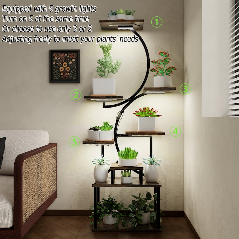8-Tier Rustic Brown Plant Stand with Grow Lights Indoor Shelf Rack for Living Room Decor - 28.30”L x 10.20”W x 62”H