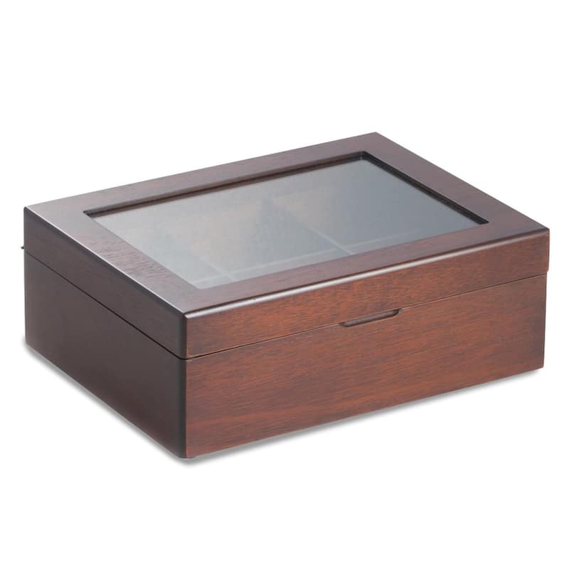 Curata Mahogany Finish Wood Tea Box with Glass Lid