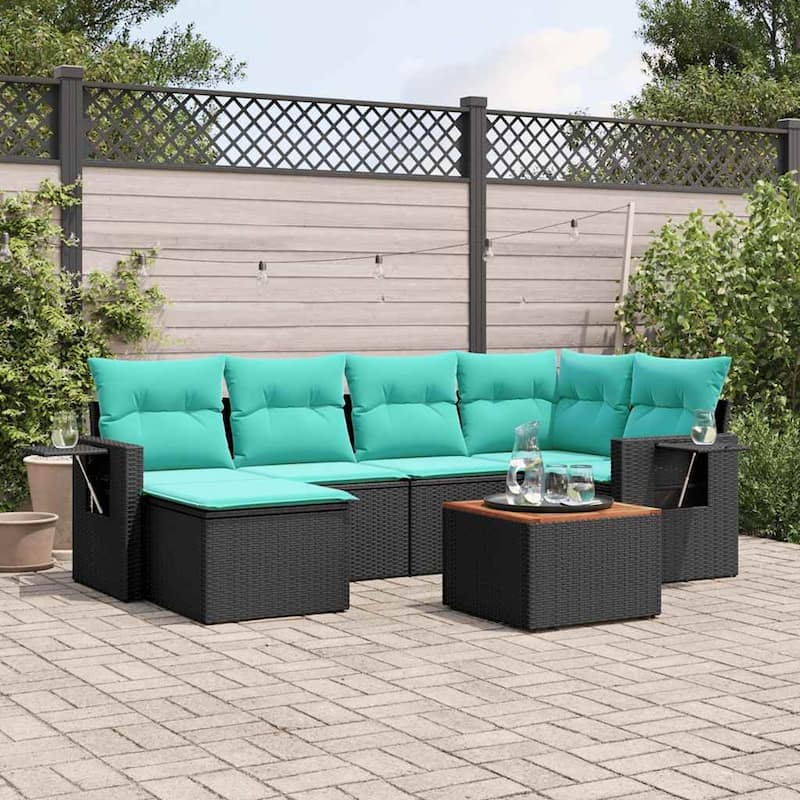 vidaXL 7 Piece Patio Sofa Set with Cushions Black Poly Rattan - 24.4" x 24.4" x 27.2" - Black and blue