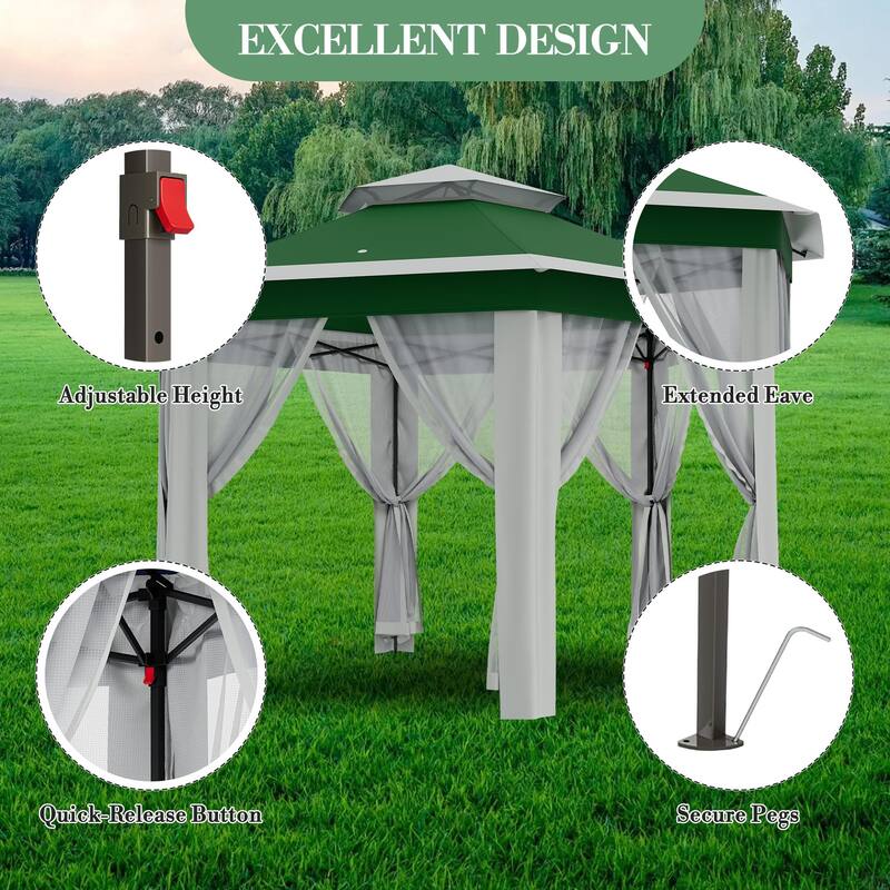 Pop Up Gazebo, Hexagonal Canopy Shelter with 6 Zippered Mesh Netting, Event Tent with Strong Steel Frame