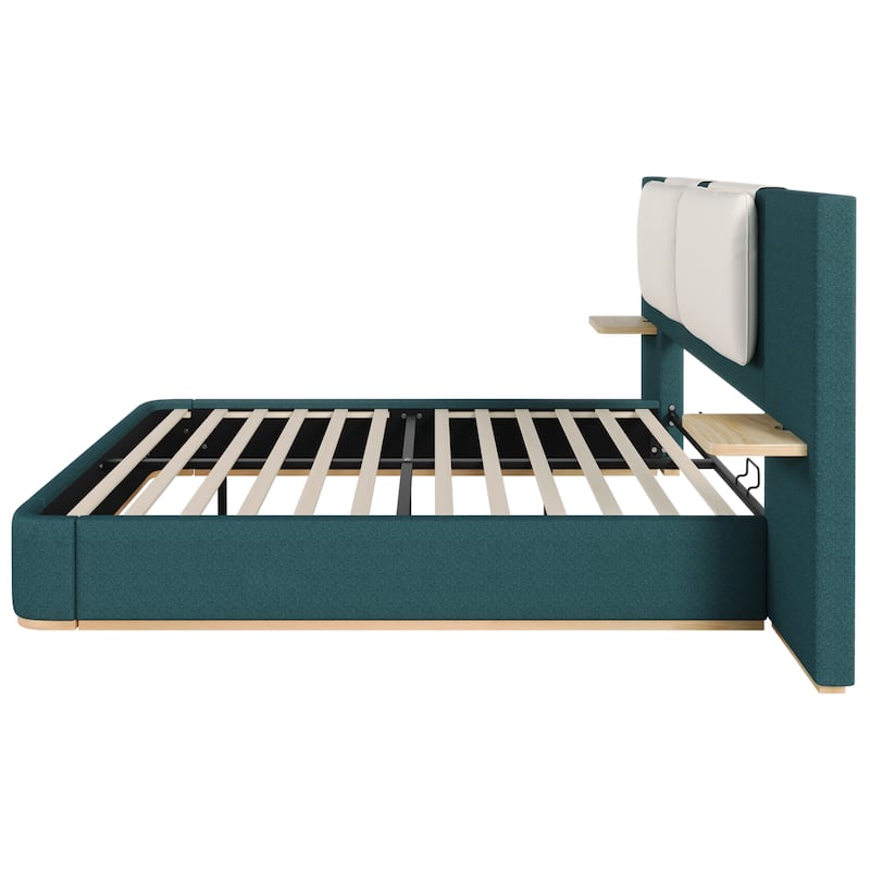Roomfitters Queen Size Upholstered Platform Bed Frame, Modern Panel Headboard with Rounded Corners, Solid Wood Slats