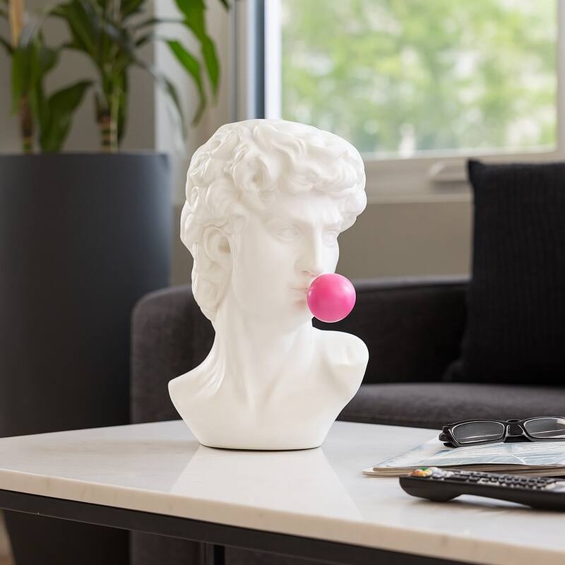 Sculptural Resin Greek God Head Statue with Gum - 13", White & Pink - 12.5"