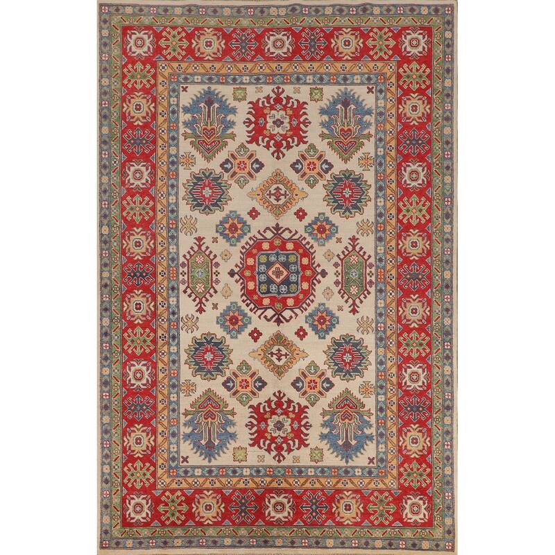 Geometric Kazak Area Rug Hand-Knotted Beige / Ivory Wool Carpet - 6'5" x 9'8"