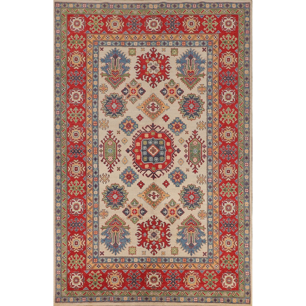 Geometric Kazak Area Rug Hand-Knotted Beige / Ivory Wool Carpet - 6'5" x 9'8"