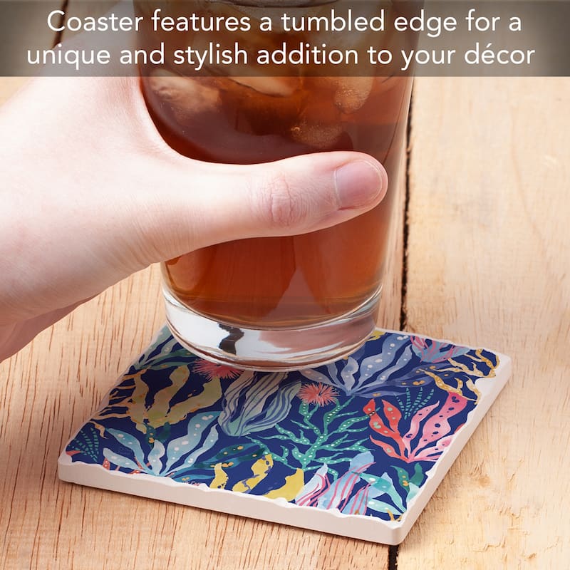 Coral Collection Blue 4 Pack Absorbent Stone Coasters with Cork Backing 4" Square Made in The USA Absorbent Wipes Clean