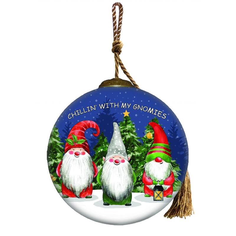 Casual Gnomes in Christmas Mode Hand Painted Mouth Blown Glass Ornament - 3"x 3" x 3"