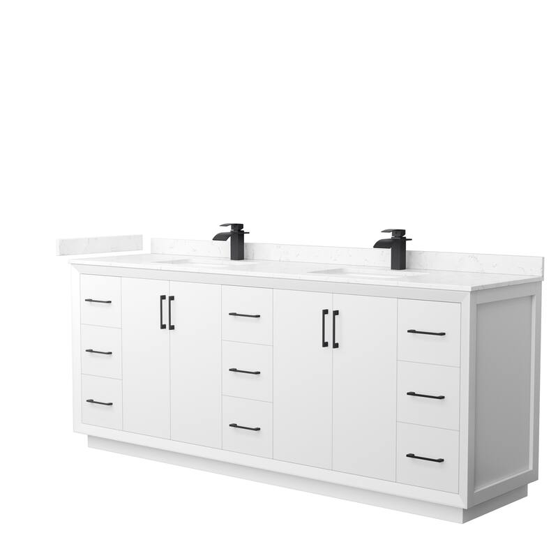 Strada 84-Inch Double Vanity Set, Cultured Marble Top - White, Black Trim, Carrara Cultured Marble Top