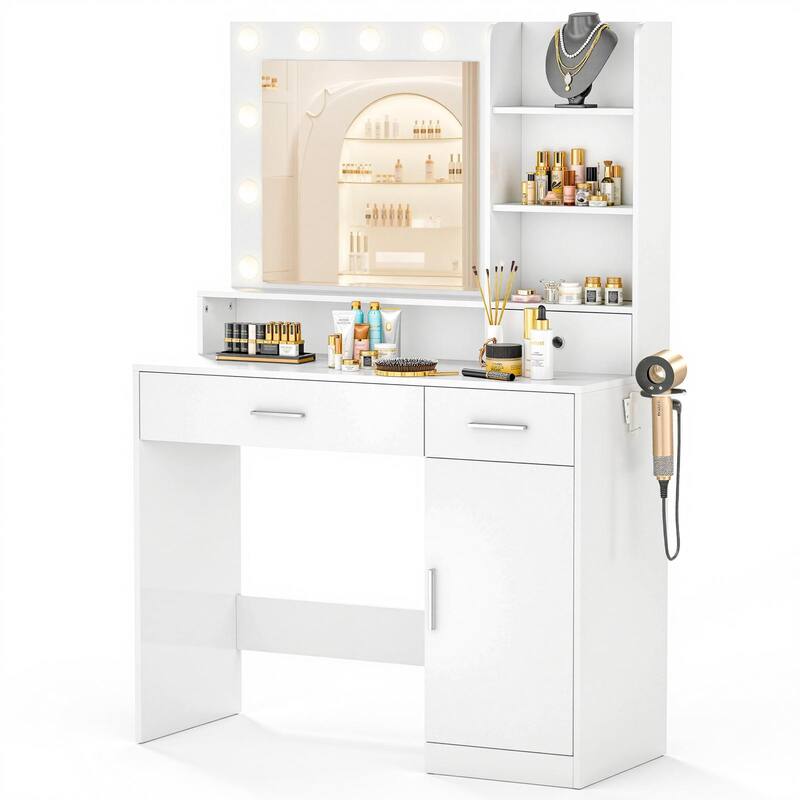 Rossetta 2-Drawer Bedroom Dressing Table with with Adjustable Brightness Large LED Mirror, Power Outlet & Hair Dryer Rack