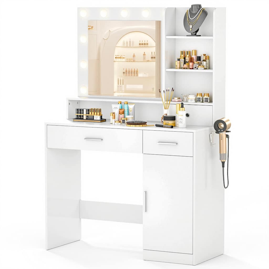 Rossetta 2-Drawer Bedroom Dressing Table with with Adjustable Brightness Large LED Mirror, Power Outlet & Hair Dryer Rack