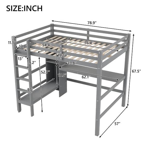 dimension image slide 1 of 2, Full Size Loft Bed with Multifunction Shelves and Under-Bed Desk, Gray
