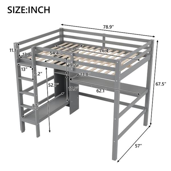 Wood Loft Bed w/Slats Support, Full Size Bed Frame with Multifunction Shelves, Full-length Guardrail and Under-bed Desk