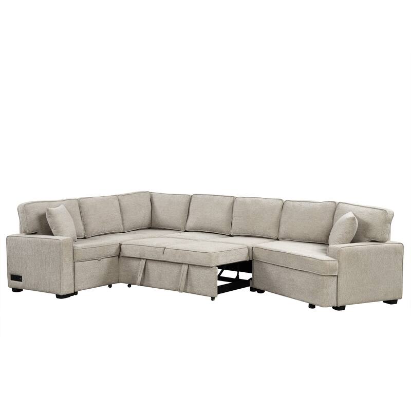 Modern 126" L-Shaped Sofa with Sleeper Bed, Cup Holders, and Power Outlets