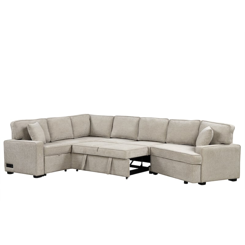 Roomfitters L-Shaped Sectional Sofa with Pull-Out Bed, Integrated Charging Devices, and Convenient Cup Holders