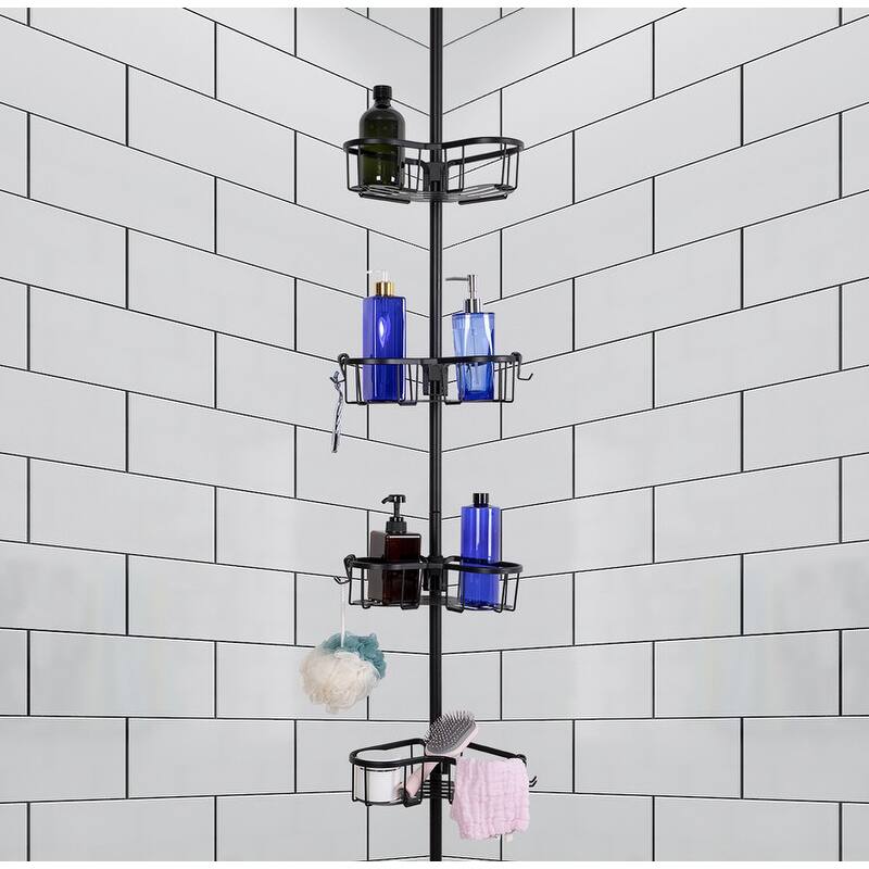 Utopia Alley Tension Rod Shower Organizer, Rustproof Corner Shower Caddy with 4 Adjustable Shelves, Chrome & Matte Black Finish